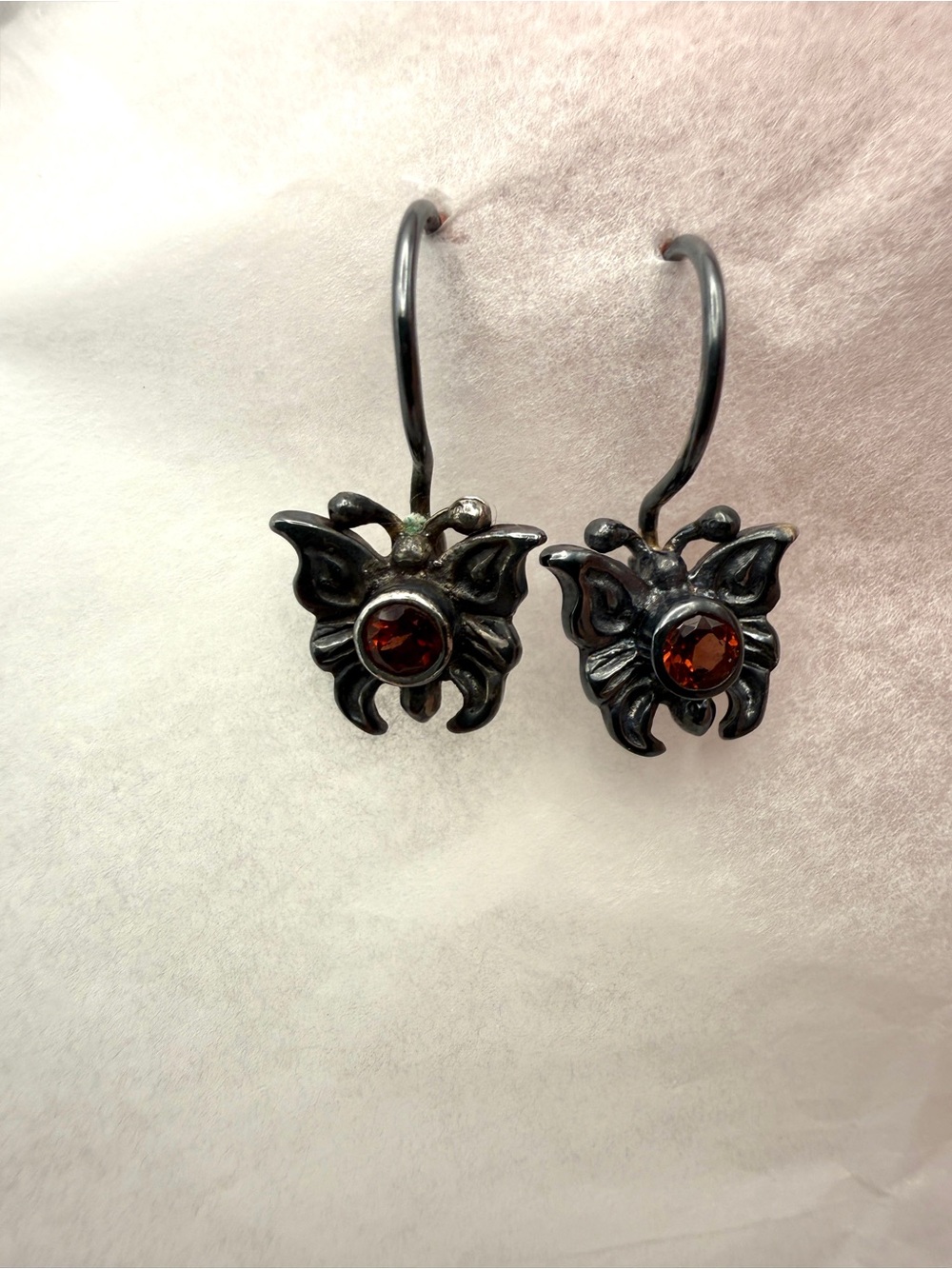 925 Oxidized Silver Butterfly Earrings with Garnets